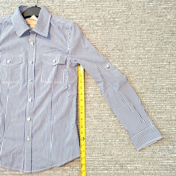 Michael Kors Women's (Size 0) Blue & White Striped Button-Down Blouse - Picture 10 of 12
